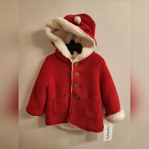 Carters Red Knit Button Coat Baby Sherpa Hooded Size 12 Mos